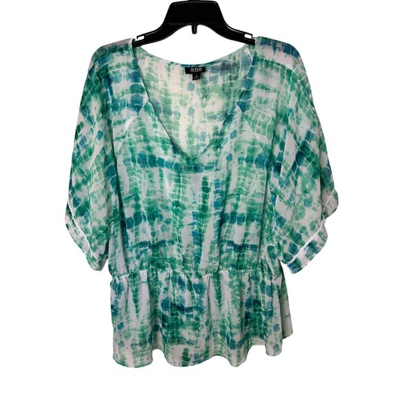 A.N.A Tie-Dye Green & White V-Neck Peasant Top XL Beach Summer Travel Ready - Picture 3 of 5